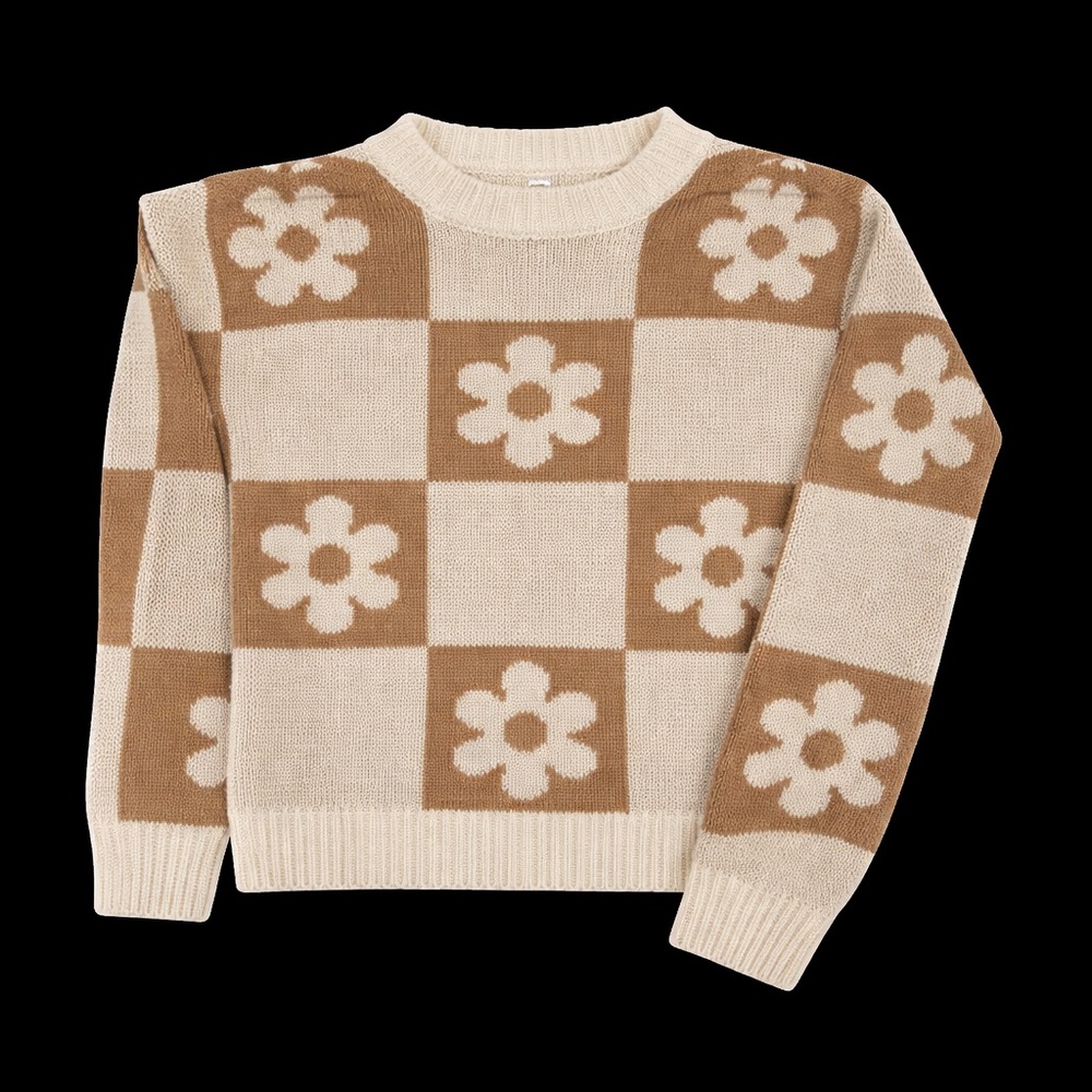 Pink Lily Cream and Brown Floral Checkered Sweater